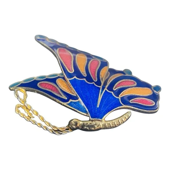 VINTAGE GUILLOCHE ENAMEL BUTTERFLY BROOCH PIN BLUE /PURPLE PINK LOVELY 1 3/4" - Picture 4 of 6